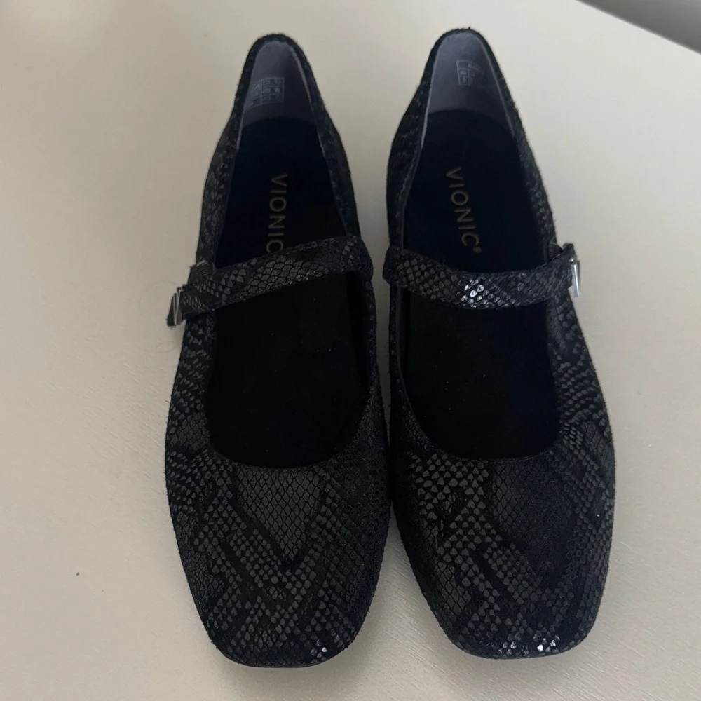 Vionic Black Snake-Embossed Mary Jane Flats - Picture 2 of 8